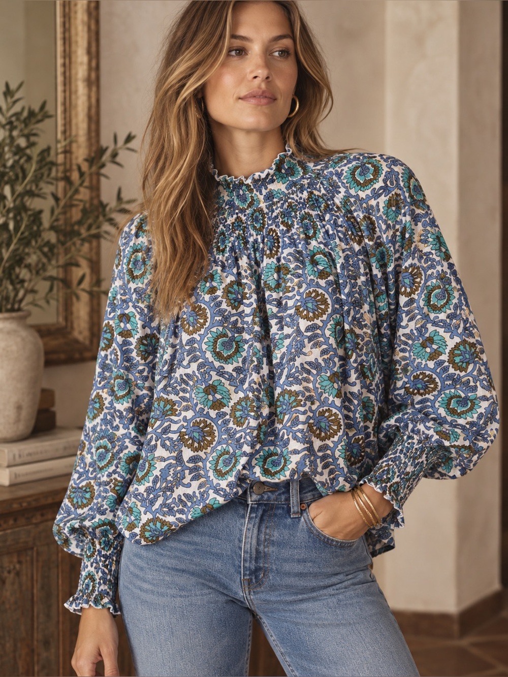 Oliphant Floral Lurex Smocked Ruffle Blouse Size S Blue Teal